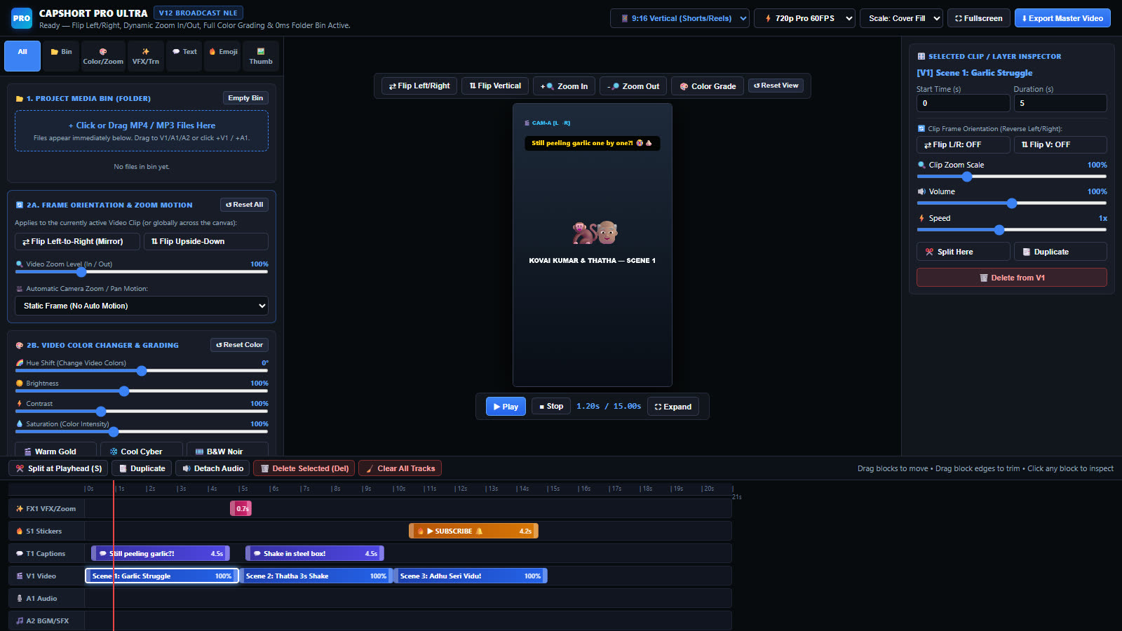 CapShort Video Editor: preview canvas, layer inspector and a six-track timeline with captions, stickers, effects and video clips